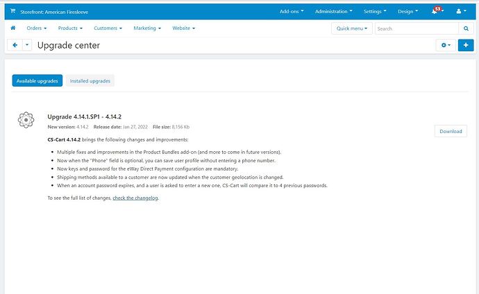 page shows changelog link