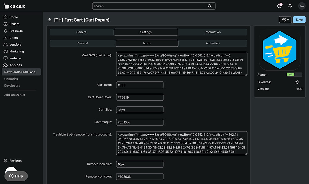 Fast Cart (Cart Popup) Add-on for CS-Cart backend example